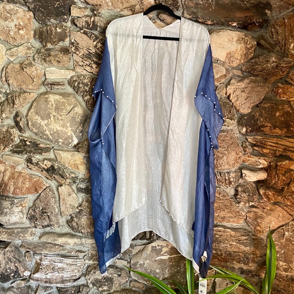 Blue & Cream Silk Blended Kimono with Pearl Trim